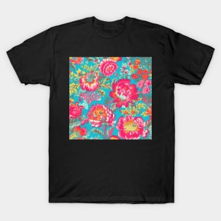 Hot Pink and Teal Colorful Floral, Happy Cheerful Floral T-Shirt